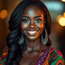 A stunning portrait of a beautiful ebony woman, showcasing her radiant skin tone and captivating features
