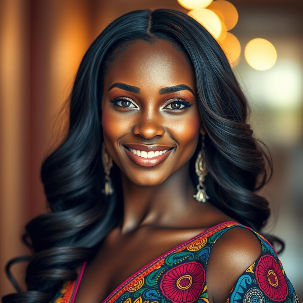 A stunning portrait of a beautiful ebony woman, showcasing her radiant skin tone and captivating features
