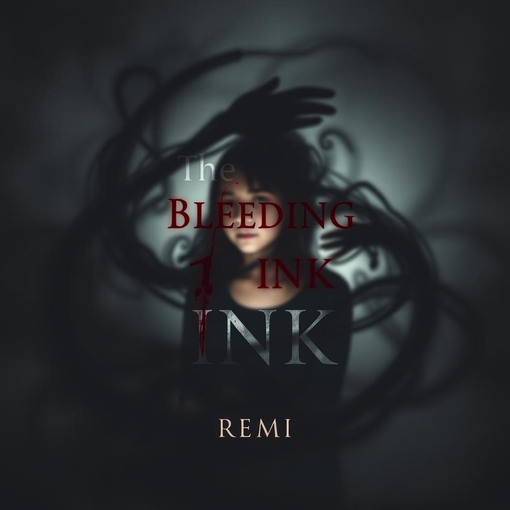 A captivating book cover design for "The Bleeding Ink" by REMI, featuring a blurred photograph at the center, evoking a sense of mystery