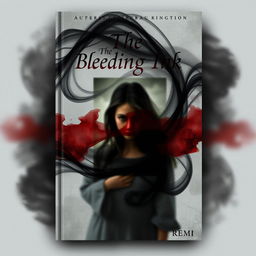 A captivating book cover design for "The Bleeding Ink" by REMI, featuring a blurred photograph at the center, evoking a sense of mystery