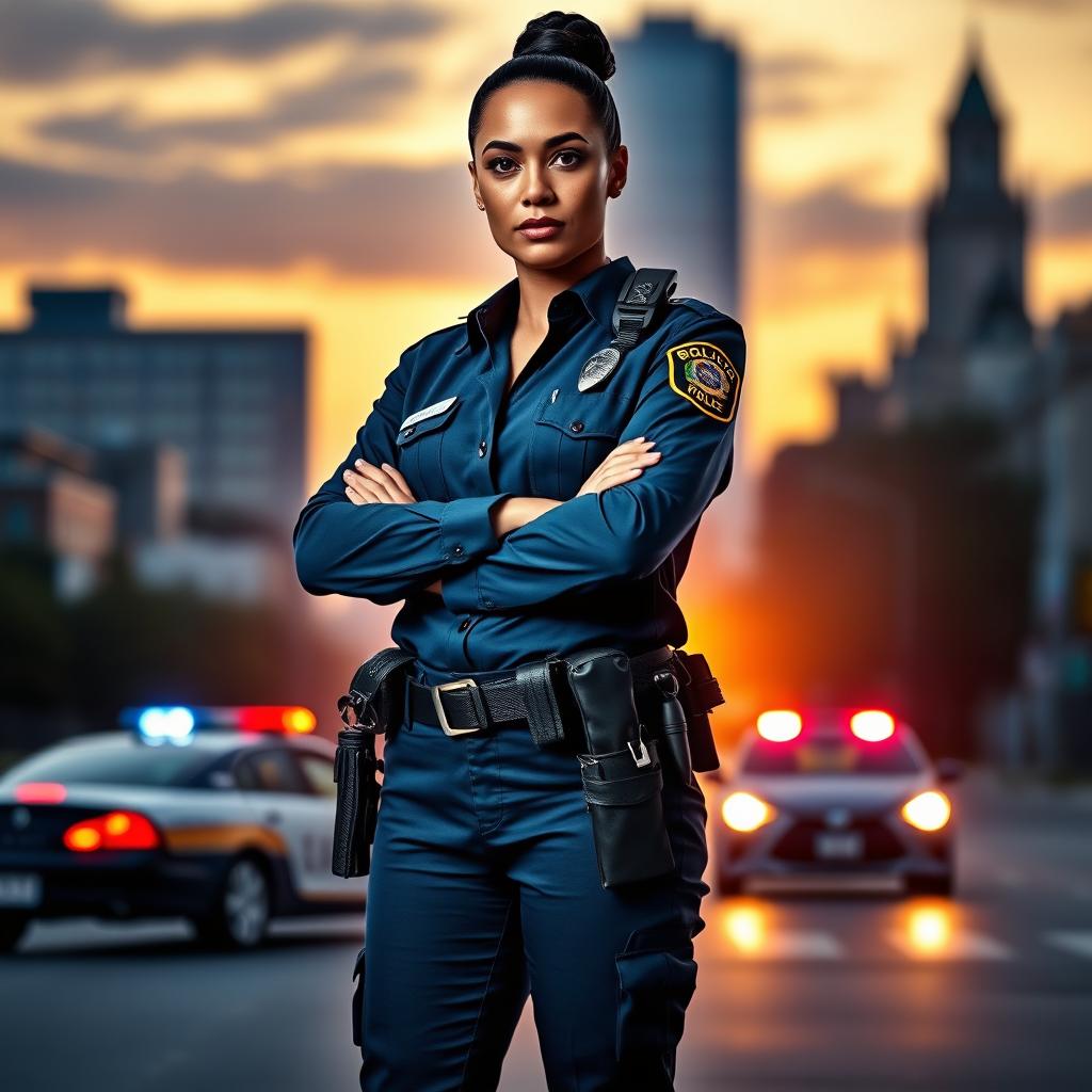 A powerful and confident police woman standing tall and authoritative in her uniform, which includes a navy blue structured blouse, matching pants, and a utility belt equipped with police tools