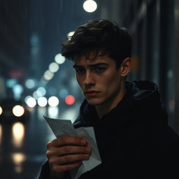A broken-hearted young man stands amidst a dimly lit urban street, dressed entirely in black clothing that reflects his sorrow
