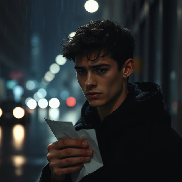 A broken-hearted young man stands amidst a dimly lit urban street, dressed entirely in black clothing that reflects his sorrow