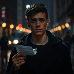 A broken-hearted young man stands amidst a dimly lit urban street, dressed entirely in black clothing that reflects his sorrow