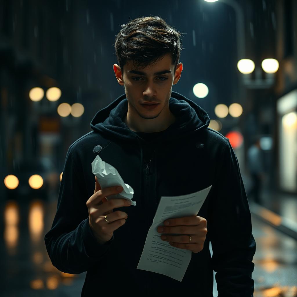 A broken-hearted young man stands amidst a dimly lit urban street, dressed entirely in black clothing that reflects his sorrow
