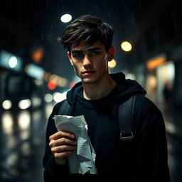 A broken-hearted young man stands amidst a dimly lit urban street, dressed entirely in black clothing that reflects his sorrow