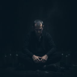 A broken-hearted man sitting alone in a dimly lit room, surrounded by shadows