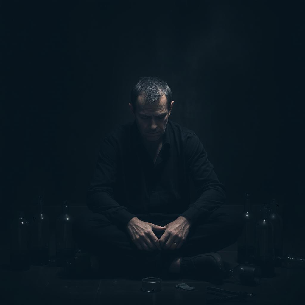 A broken-hearted man sitting alone in a dimly lit room, surrounded by shadows