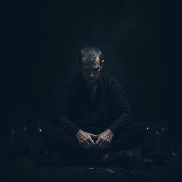 A broken-hearted man sitting alone in a dimly lit room, surrounded by shadows