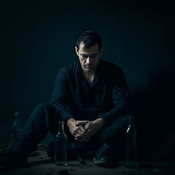 A broken-hearted man sitting alone in a dimly lit room, surrounded by shadows