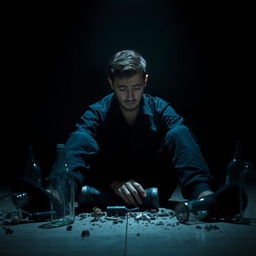 A broken-hearted man sitting alone in a dimly lit room, surrounded by shadows