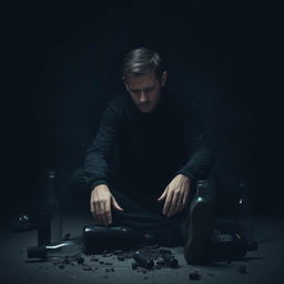 A broken-hearted man sitting alone in a dimly lit room, surrounded by shadows