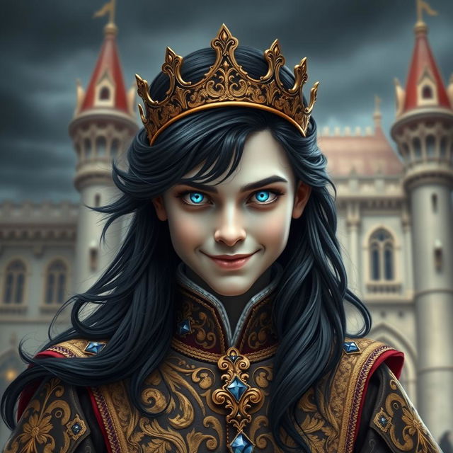 A regal young prince with an unsettling smile, dressed in elaborate royal garments featuring intricate gold embroidery