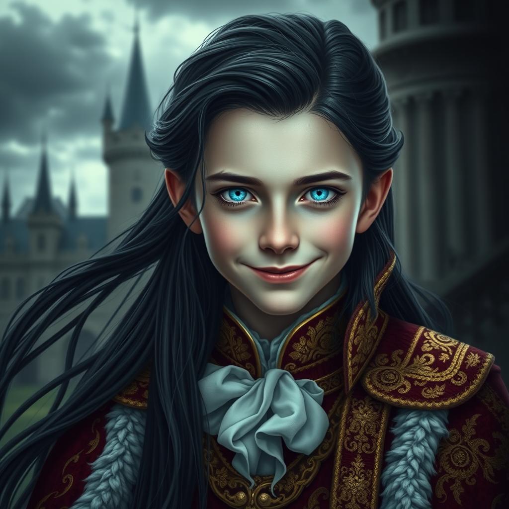 A regal young prince with an unsettling smile, dressed in elaborate royal garments featuring intricate gold embroidery