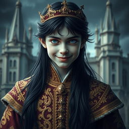 A regal young prince with an unsettling smile, dressed in elaborate royal garments featuring intricate gold embroidery