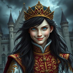 A regal young prince with an unsettling smile, dressed in elaborate royal garments featuring intricate gold embroidery