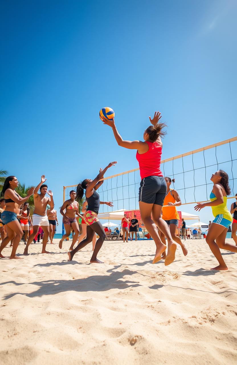 A dynamic scene of a volleyball match taking place on a sandy beach, with a bright blue sky and the sun shining down