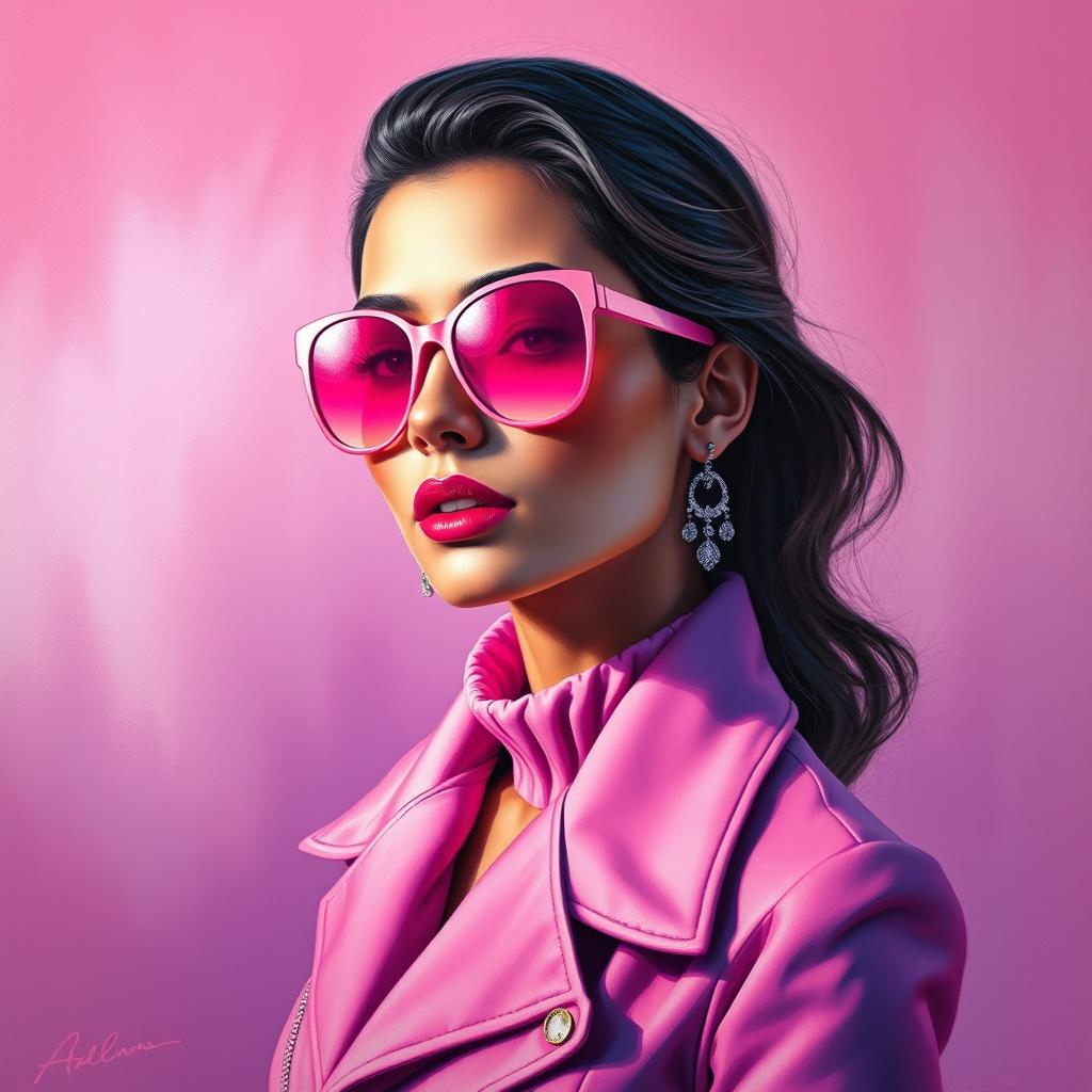 A captivating painting of a woman dressed in stylish pink clothes, exuding elegance and charm