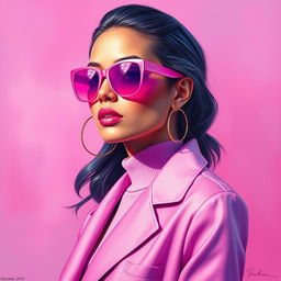 A captivating painting of a woman dressed in stylish pink clothes, exuding elegance and charm