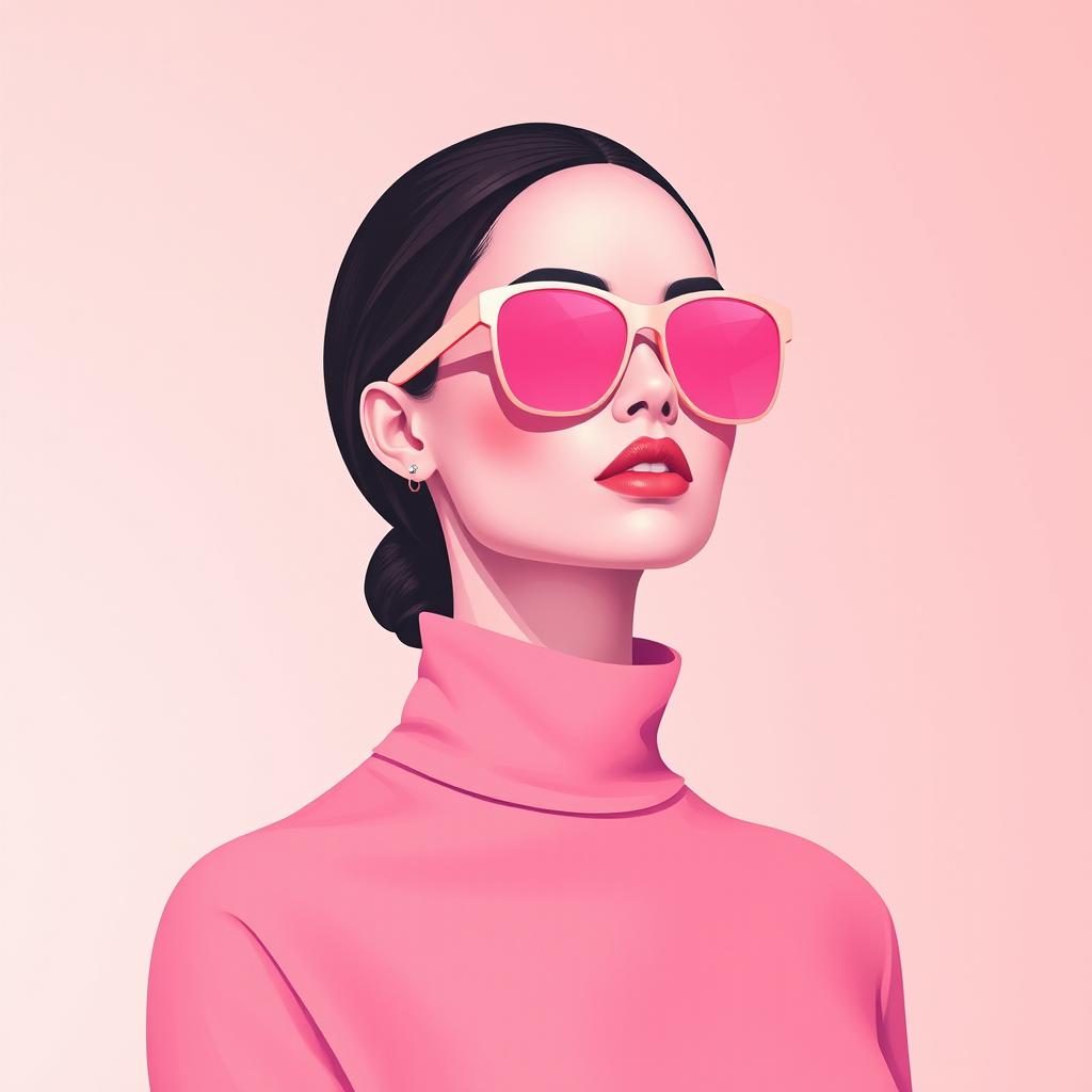 A minimalist painting of a woman elegantly dressed in pink clothes, embodying simplicity and sophistication