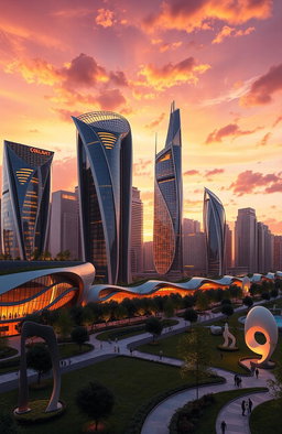 A stunning architectural design concept for a futuristic city skyline at sunset
