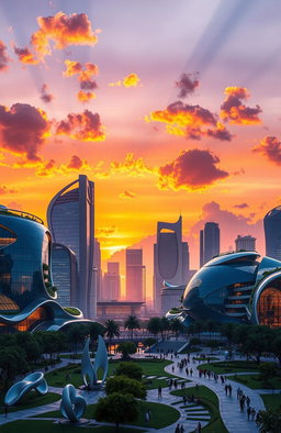 A stunning architectural design concept for a futuristic city skyline at sunset