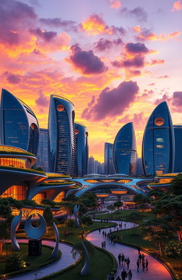 A stunning architectural design concept for a futuristic city skyline at sunset