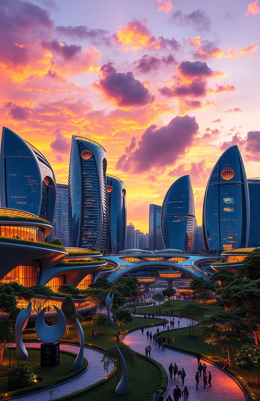 A stunning architectural design concept for a futuristic city skyline at sunset