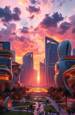 A stunning architectural design concept for a futuristic city skyline at sunset