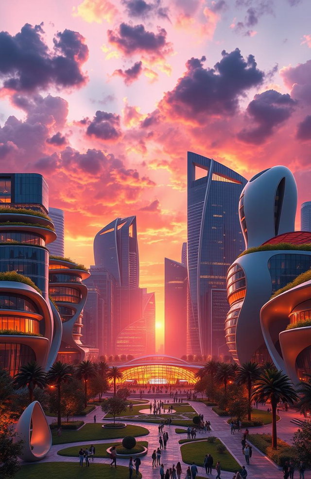 A stunning architectural design concept for a futuristic city skyline at sunset