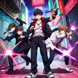 A dynamic and vibrant illustration of the main members of the Sakamoto Days anime order