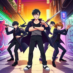 A dynamic and vibrant illustration of the main members of the Sakamoto Days anime order