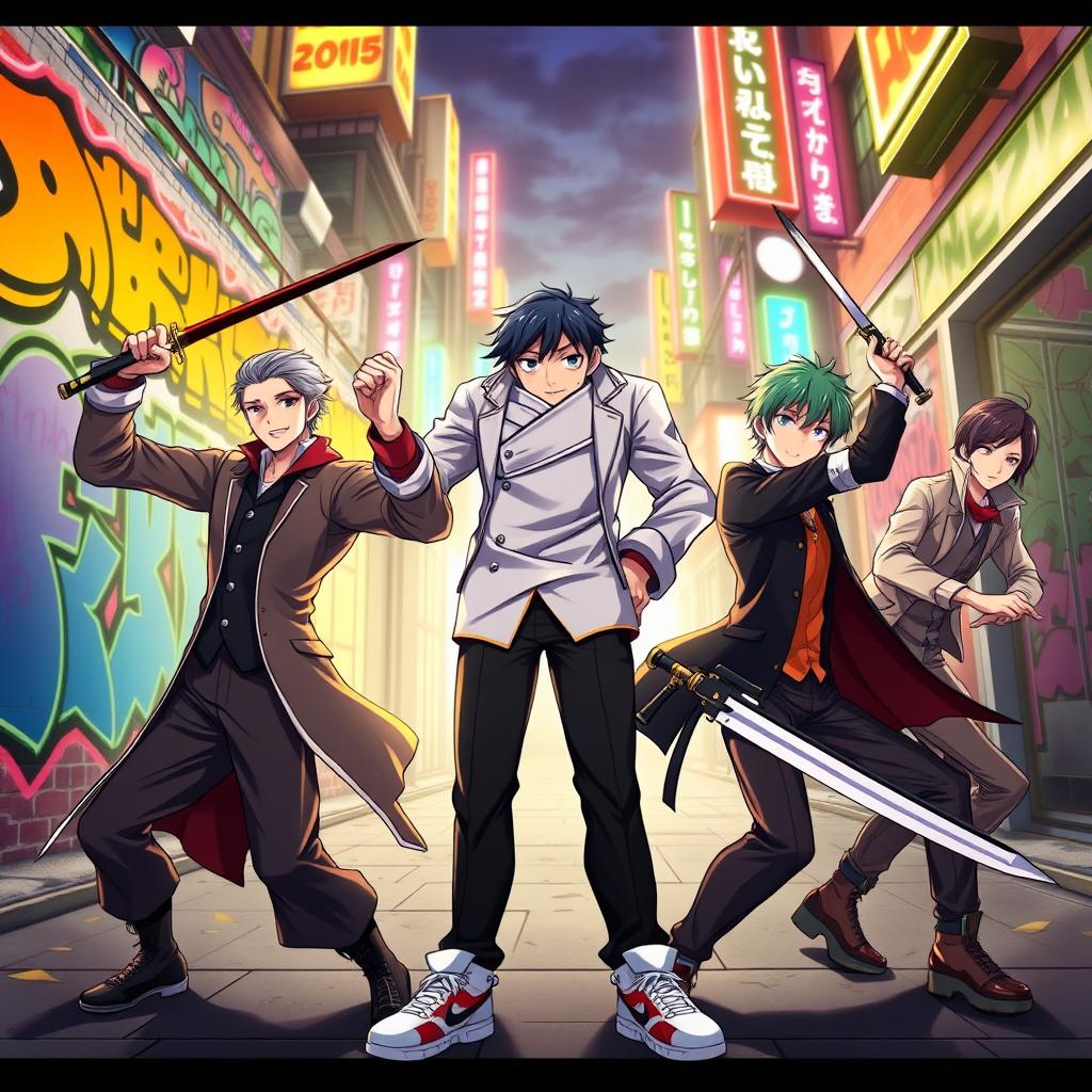 A dynamic and vibrant illustration of the main members of the Sakamoto Days anime order