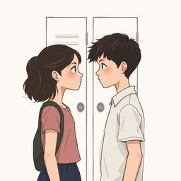 A minimalist painting depicting a girl and a boy making intense eye contact in front of a school locker
