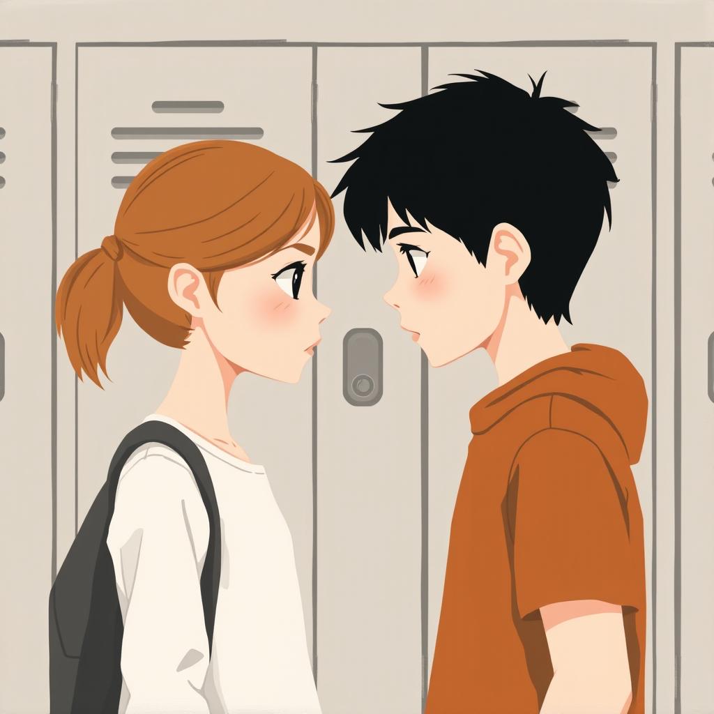 A minimalist painting depicting a girl and a boy making intense eye contact in front of a school locker