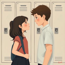 A minimalist painting depicting a girl and a boy making intense eye contact in front of a school locker
