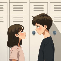 A minimalist painting depicting a girl and a boy making intense eye contact in front of a school locker