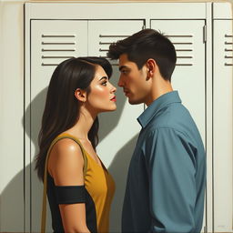 A minimalist painting depicting a woman and a man making deep eye contact in front of a school locker