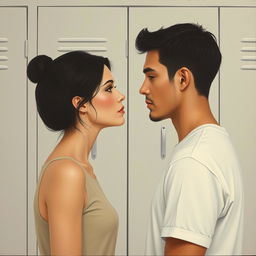 A minimalist painting depicting a woman and a man making deep eye contact in front of a school locker