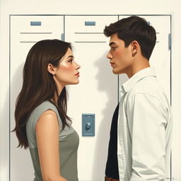 A minimalist painting depicting a woman and a man making deep eye contact in front of a school locker