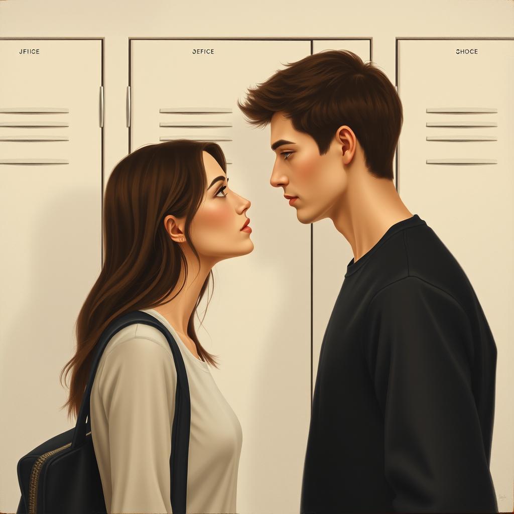 A minimalist painting depicting a woman and a man making deep eye contact in front of a school locker
