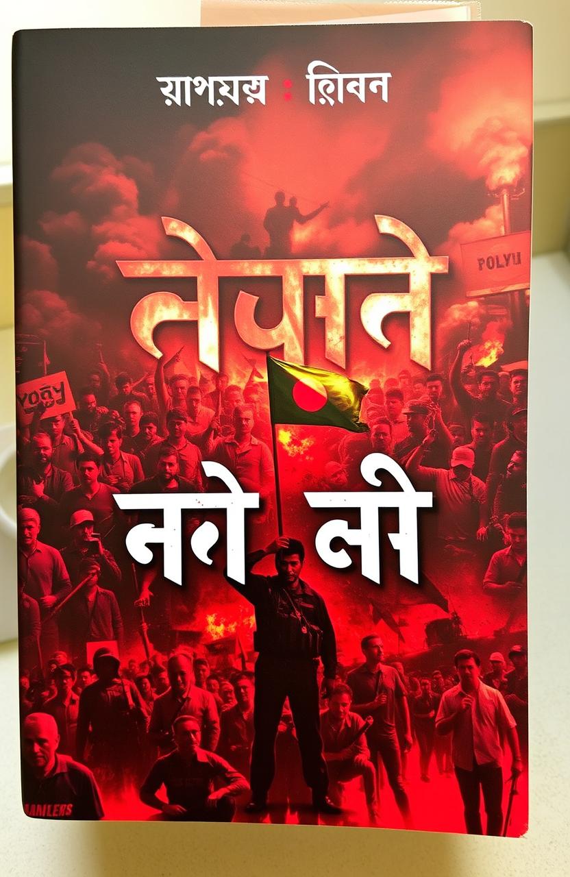 A dramatic and intense book cover for 'চব্বিশের রক্তাক্ত রাজপথ', featuring a war scene set in Bangladesh during the July revolution
