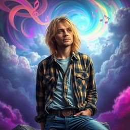 A hyperreal surrealism depiction of Kurt Cobain in 2025, showcasing him with an ethereal glow, surrounded by vivid dreamlike landscapes