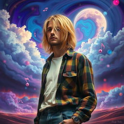 A hyperreal surrealism depiction of Kurt Cobain in 2025, showcasing him with an ethereal glow, surrounded by vivid dreamlike landscapes
