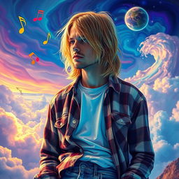A hyperreal surrealism depiction of Kurt Cobain in 2025, showcasing him with an ethereal glow, surrounded by vivid dreamlike landscapes