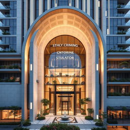 A dynamic and sustainable facade design of a 15-story building inspired by dolphins, showcasing a blend of neoclassical and futurist architectural styles