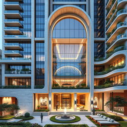 A dynamic and sustainable facade design of a 15-story building inspired by dolphins, showcasing a blend of neoclassical and futurist architectural styles