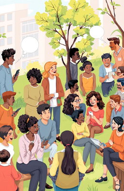 An illustration depicting the essence of human communication, featuring diverse people engaging in conversations, using body language, facial expressions, and various forms of communication like speaking, gestures, and technology