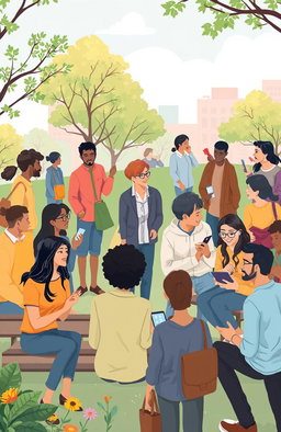 An illustration depicting the essence of human communication, featuring diverse people engaging in conversations, using body language, facial expressions, and various forms of communication like speaking, gestures, and technology