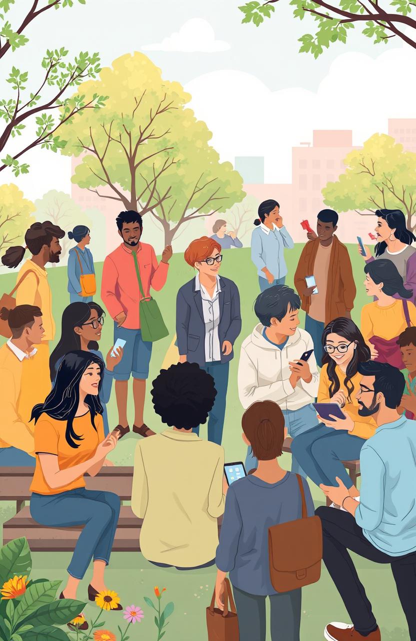 An illustration depicting the essence of human communication, featuring diverse people engaging in conversations, using body language, facial expressions, and various forms of communication like speaking, gestures, and technology